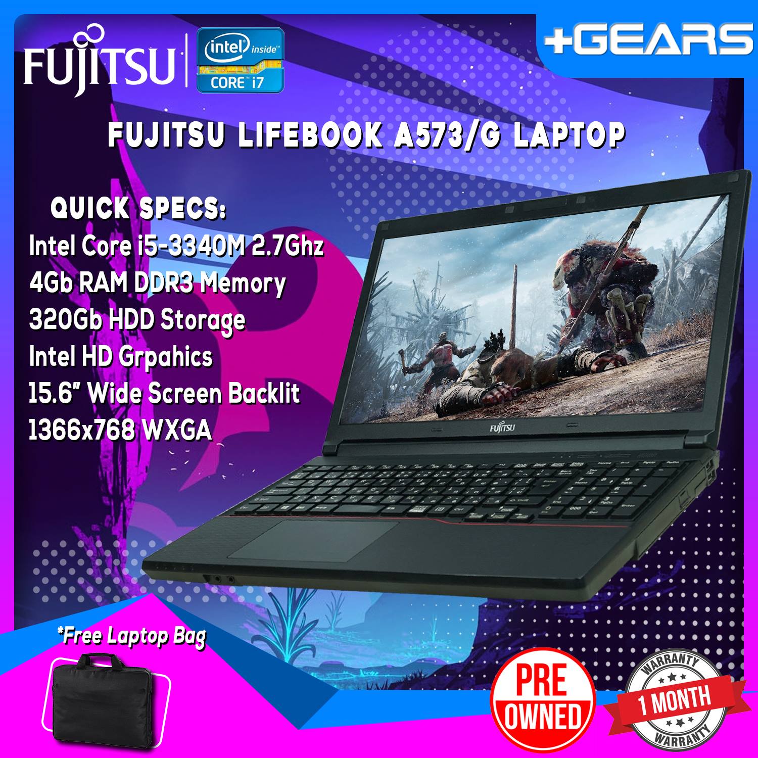 Fujitsu Lifebook A573/G Laptop | Intel Core i5 3340M 4GB RAM DDR3 320GB HDD | Free Bag and