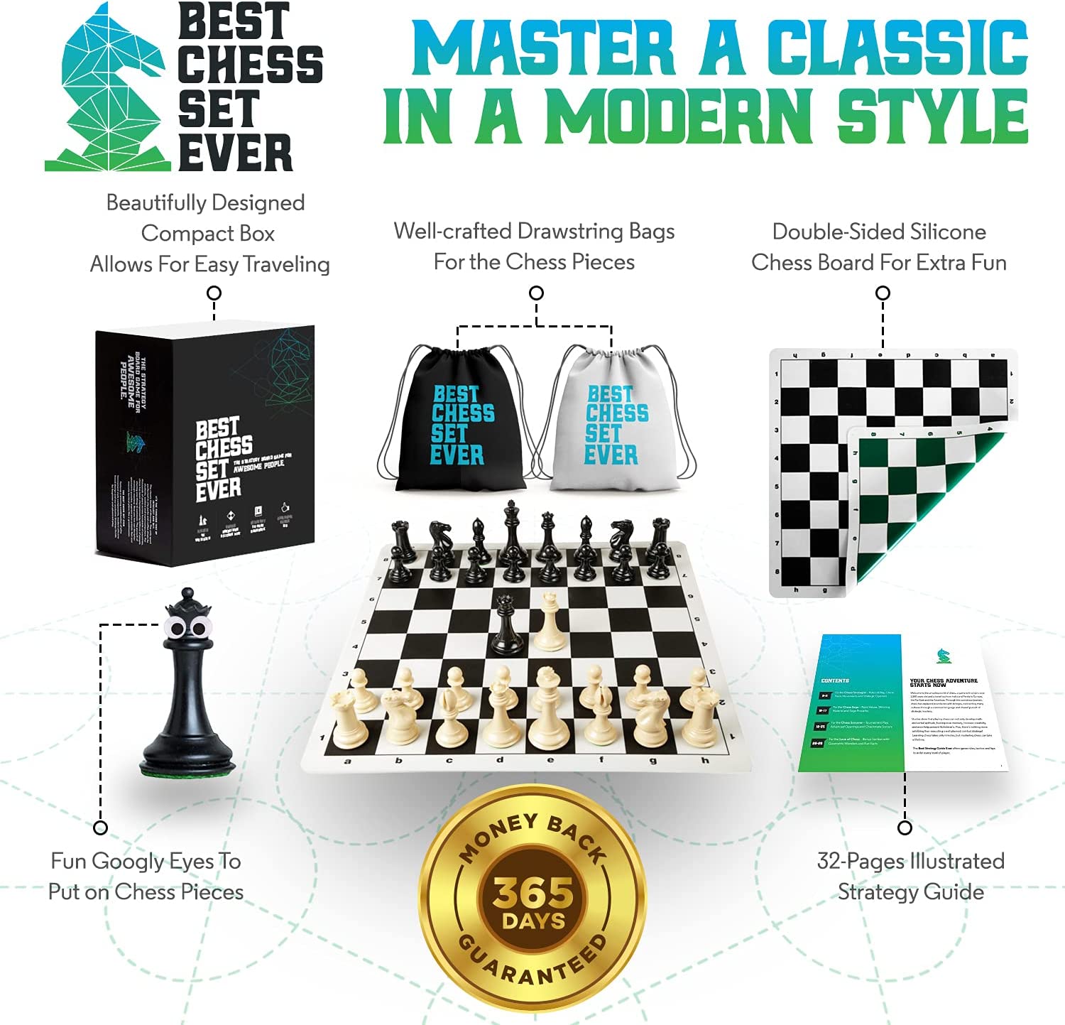  A&A Tournament Chess Set/ 20''x20'' Foldable Silicone Chess  Board / 3.75'' King Height Plastic Quadruple Weighted Classic Staunton  Pieces/Storage Bag For 6 Years Old - 2 Players : Toys & Games