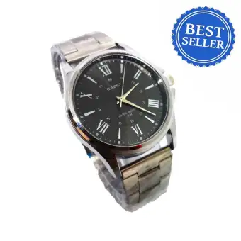 stainless steel watch with black face