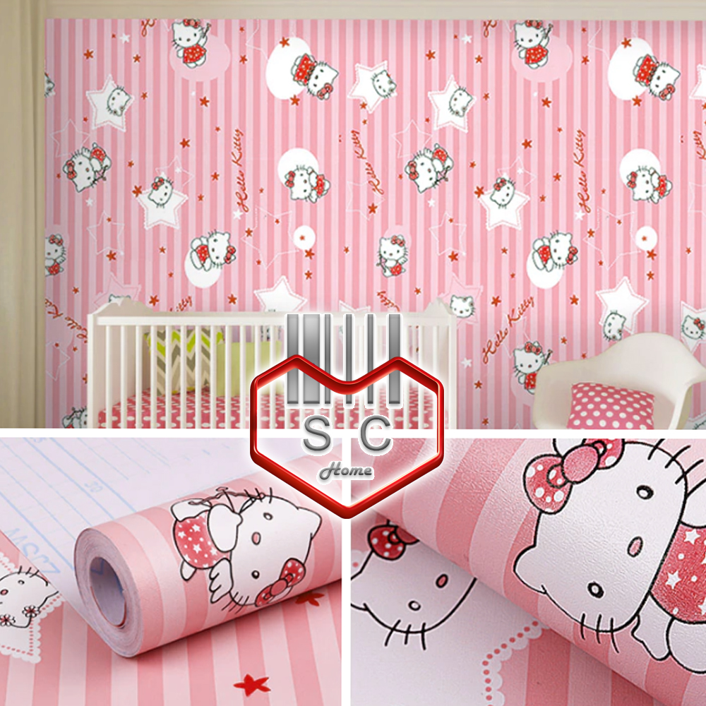 Sc Wallpaper Hello Kitty Pink Stripes 45cm X 10m Self Adhesive 3d Waterproof Pvc Wall Sticker Decor Decoration Paper Design For Closet Cabinet Door Furniture Home Office Living Room Kitchen Bedroom Toilet