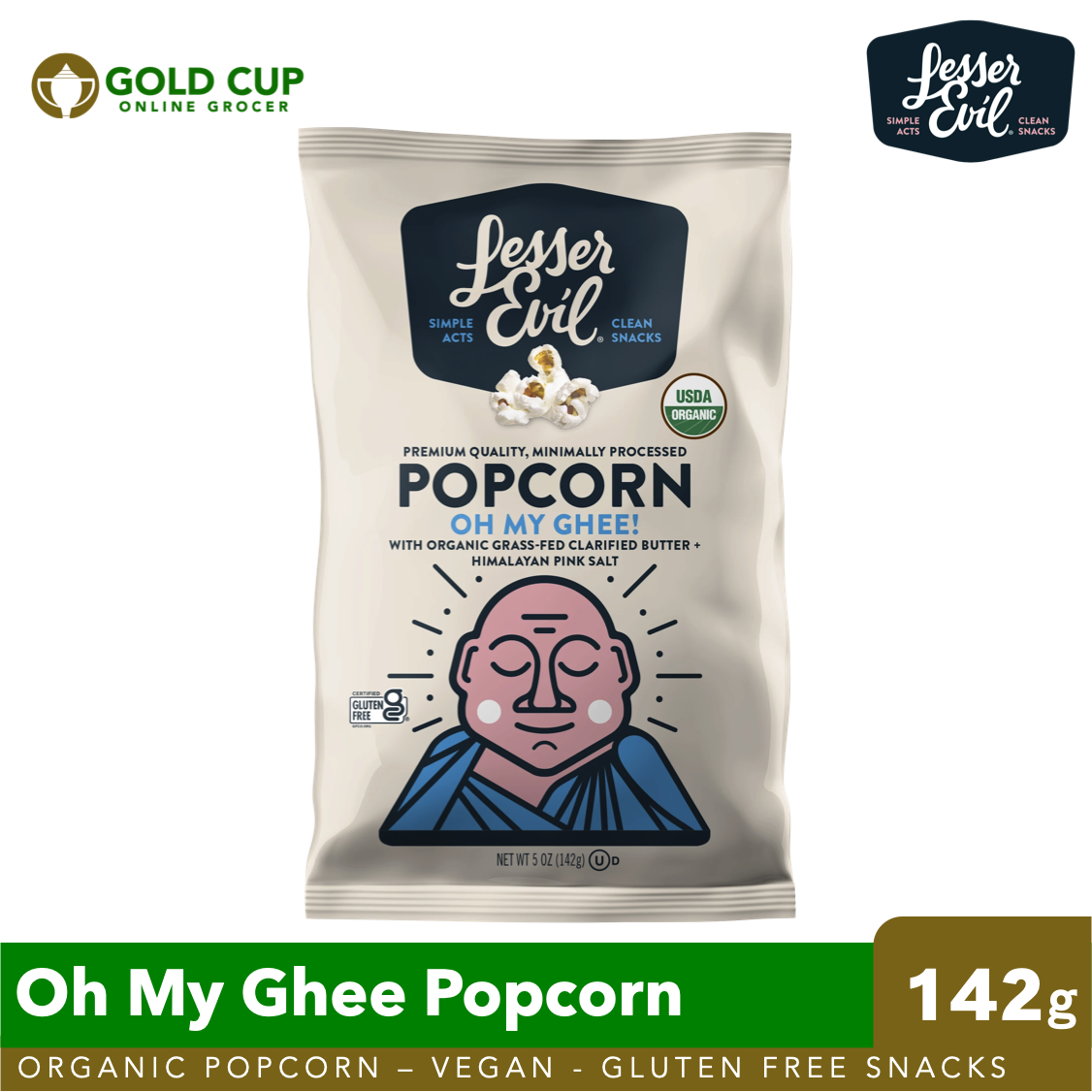 Lesser Evil Organic Oh My Ghee Popcorn 142g Gluten Free Vegan