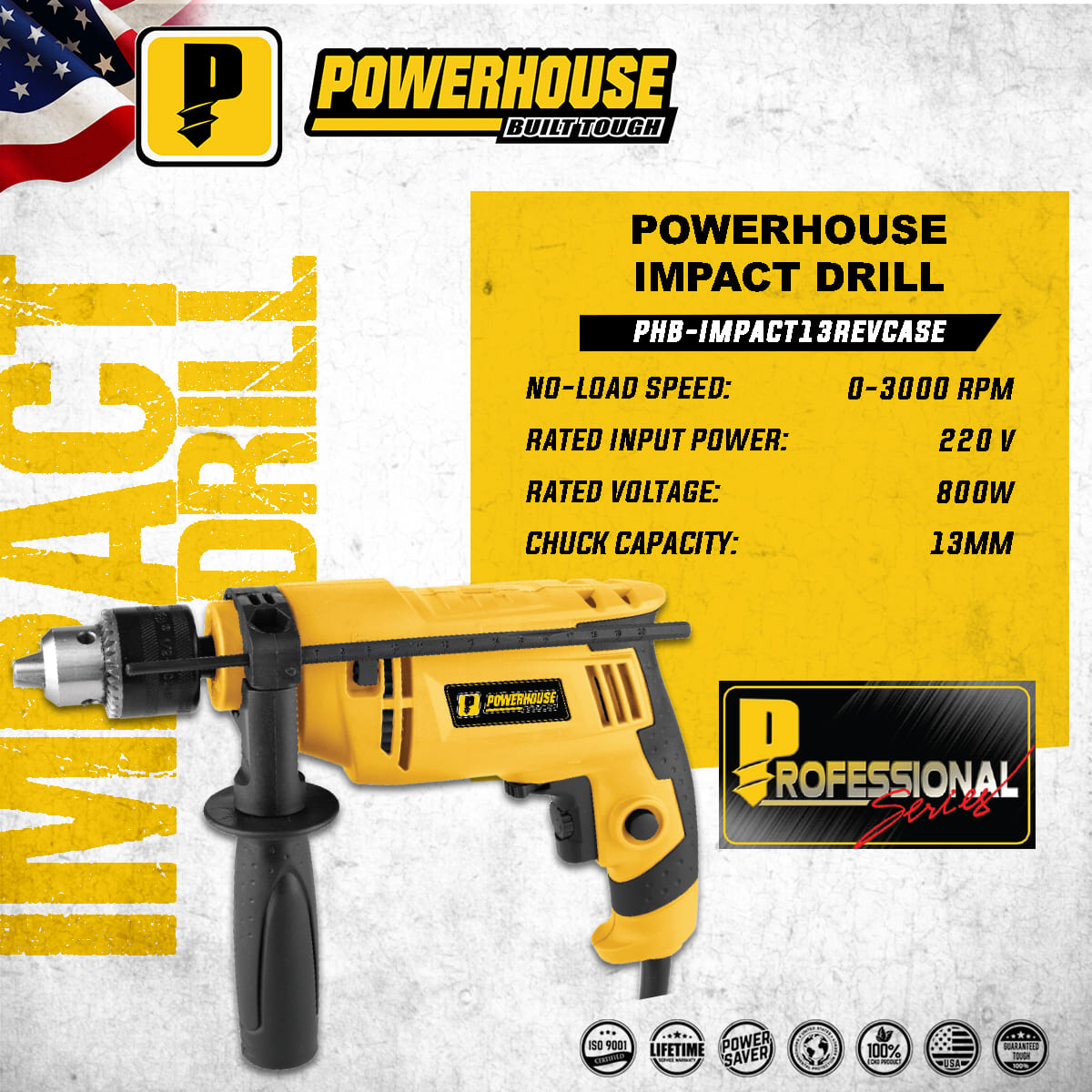 Powerhouse Impact Drill Set Original 800W with Case PHBIMPACT13REVCASE
