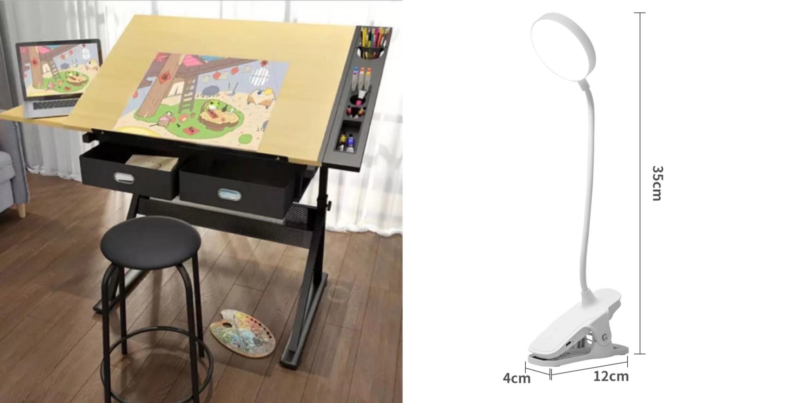 [With Light]Drafting table with stool drawers and side table by Artist