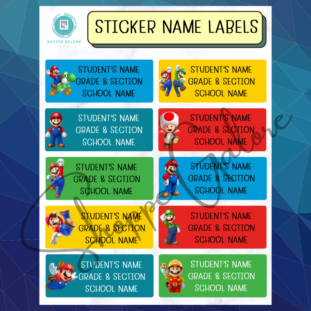 PERSONALIZED SUPER MARIO BROTHERS STICKER NAME LABELS TAG STUDENT