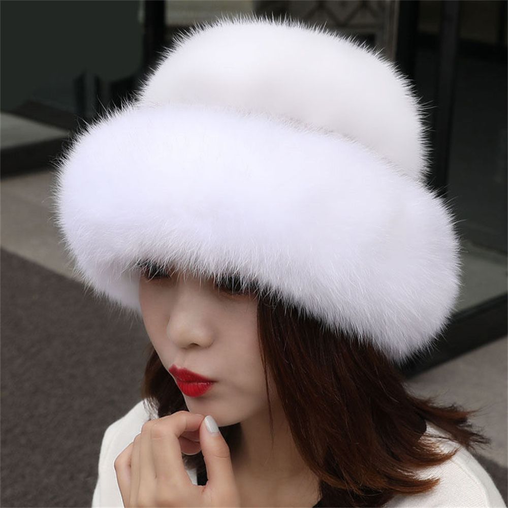 1 x Faux Fur Hat Winter Women's Faux Fur Hat Lady Rabbit Fur Warm Cap With Faux Fox Fur Brim Earmuffs