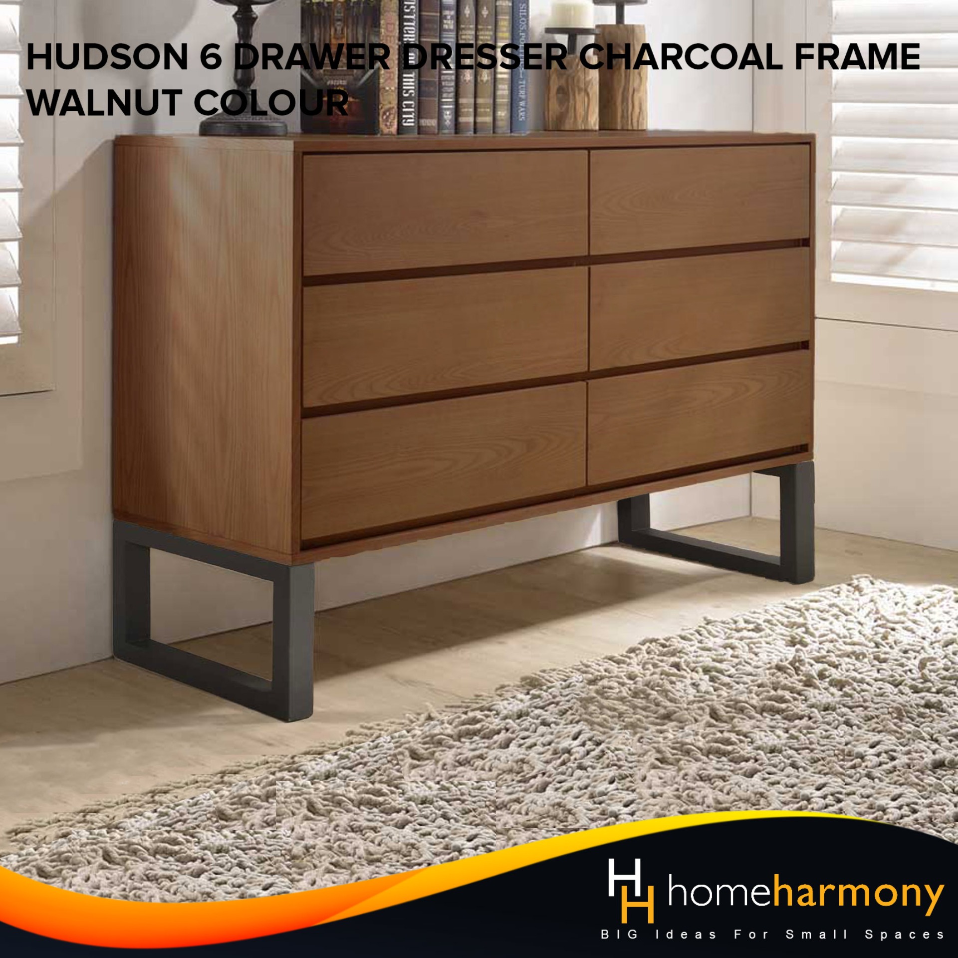 Hudson 6 Drawer Dresser Walnut Colour Charcoal Frame Lazada Ph