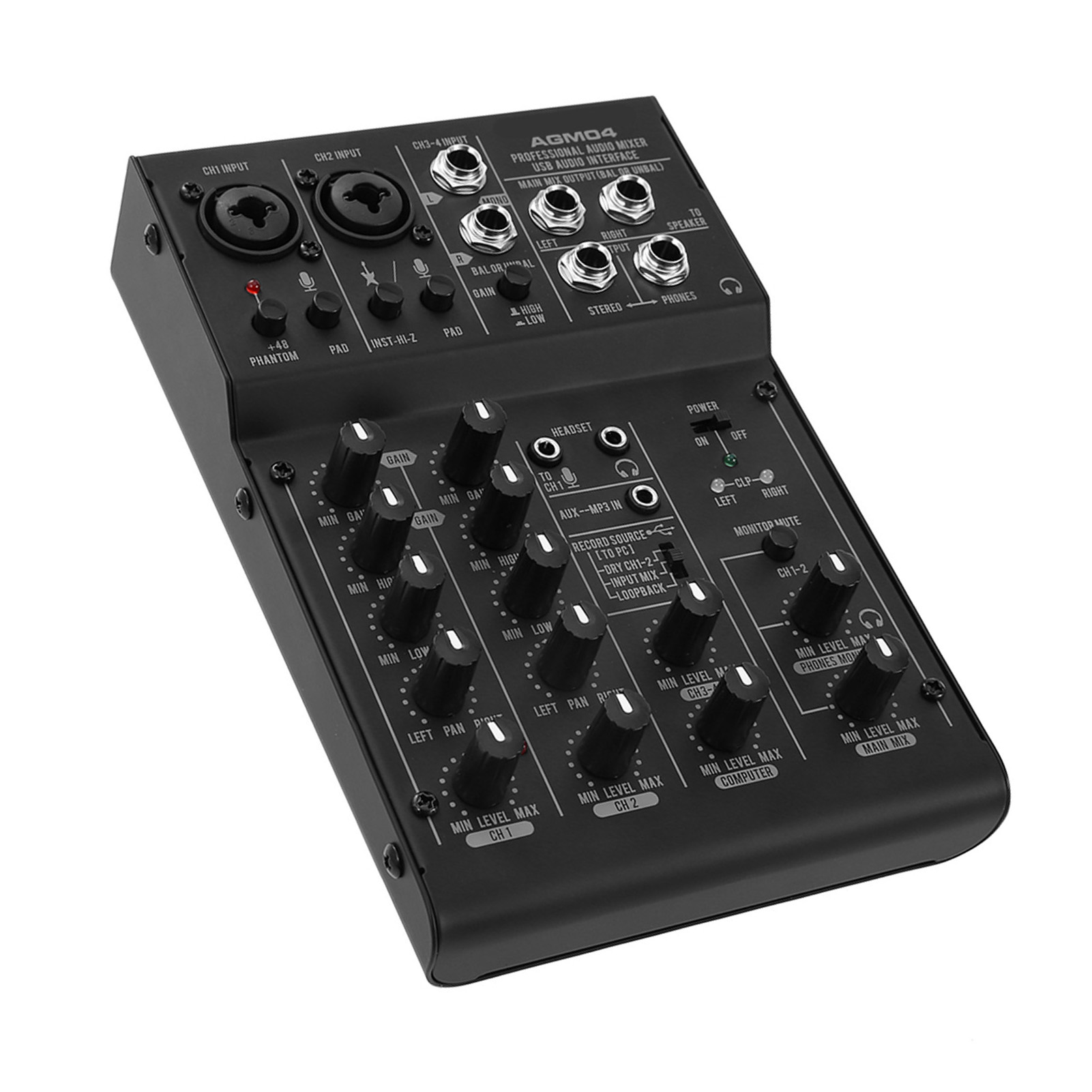 4Channel Mini Mixing Console Digital Audio Mixer 2band EQ Builtin 48V Phantom Power 5V USB