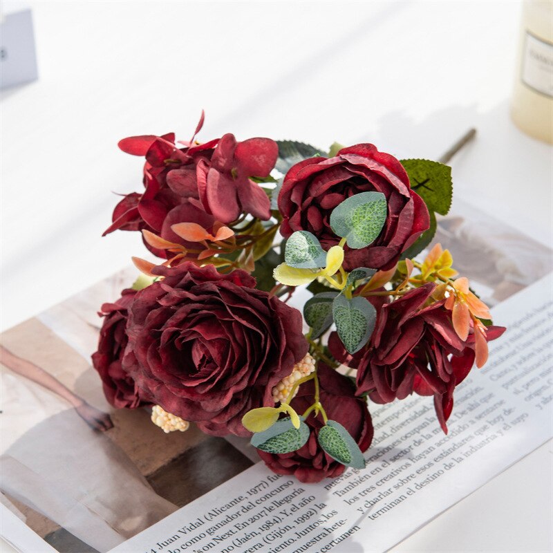 1bunch Silk Rose Artificial Flowers Pink Peony Fake Flowers Bridal Bouquets Wedding Decoration Home Decor High Quality Fake Plant