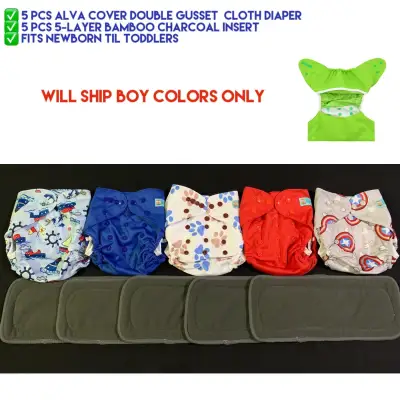 Alva Cover 5 Sets Washable Cloth Diaper with Charcoal Insert GIRL Prints Bundle