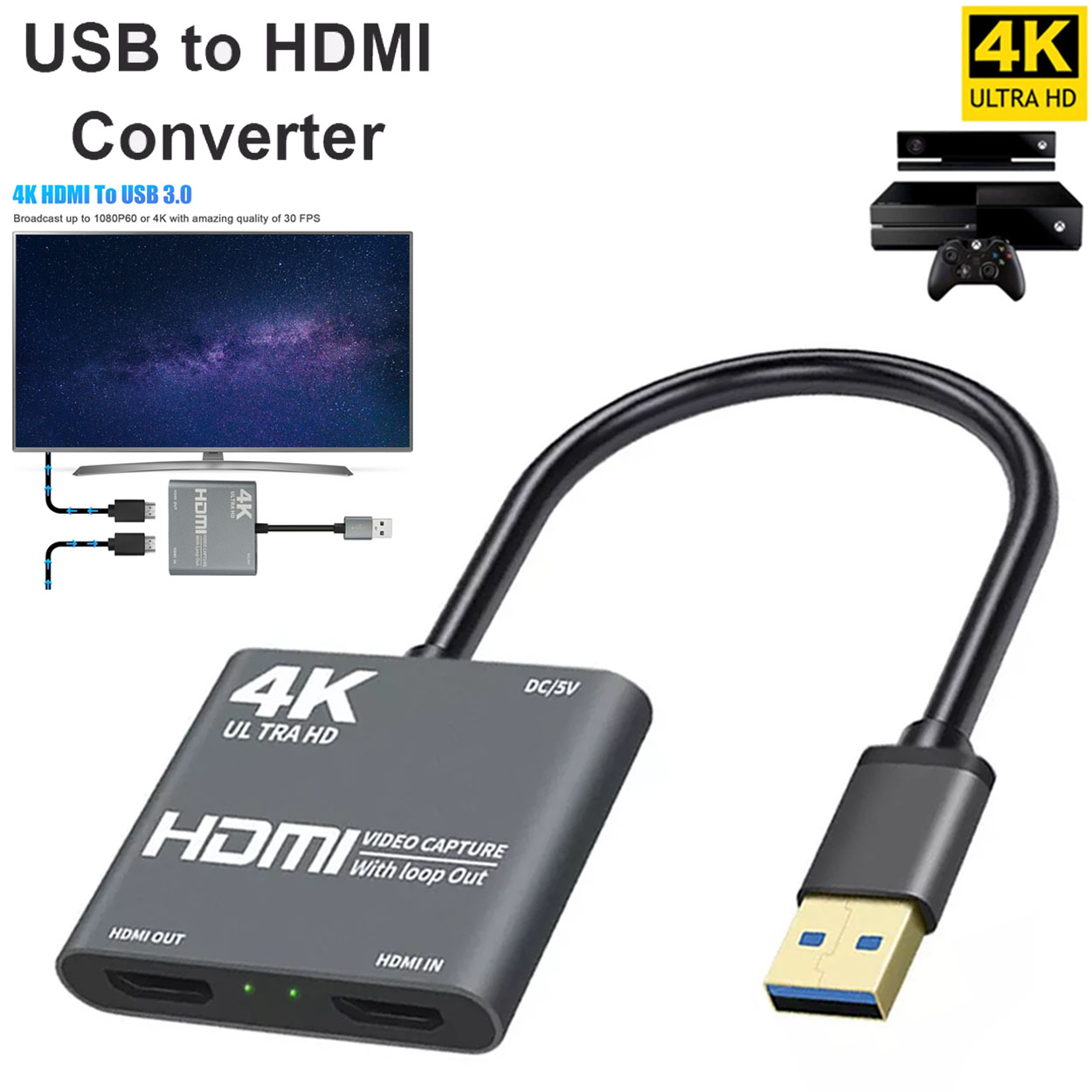 HDMI Video Capture Card USB 3.0 1080p HD Recorder For Game/Video Live Streaming 