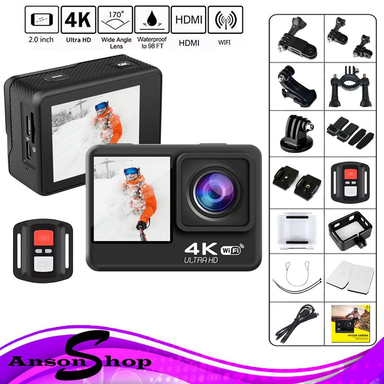 4K 60FPS Ultra High Definition WiFi Action Camera Dual Screen 170° Wide