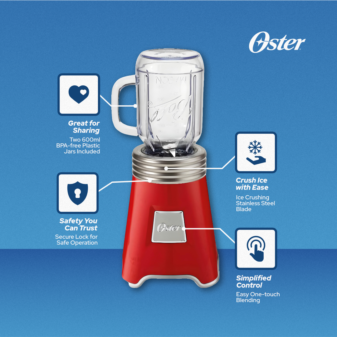 Oster Ball® Mason Jar Blender with 2 600mL Mason Jars - Red