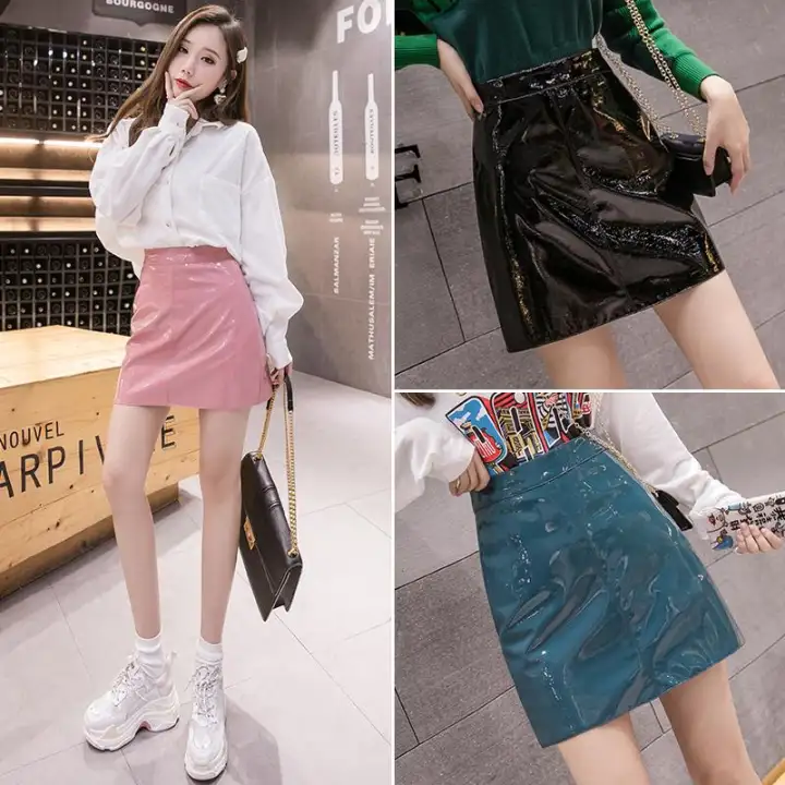 high waist patent leather skirt