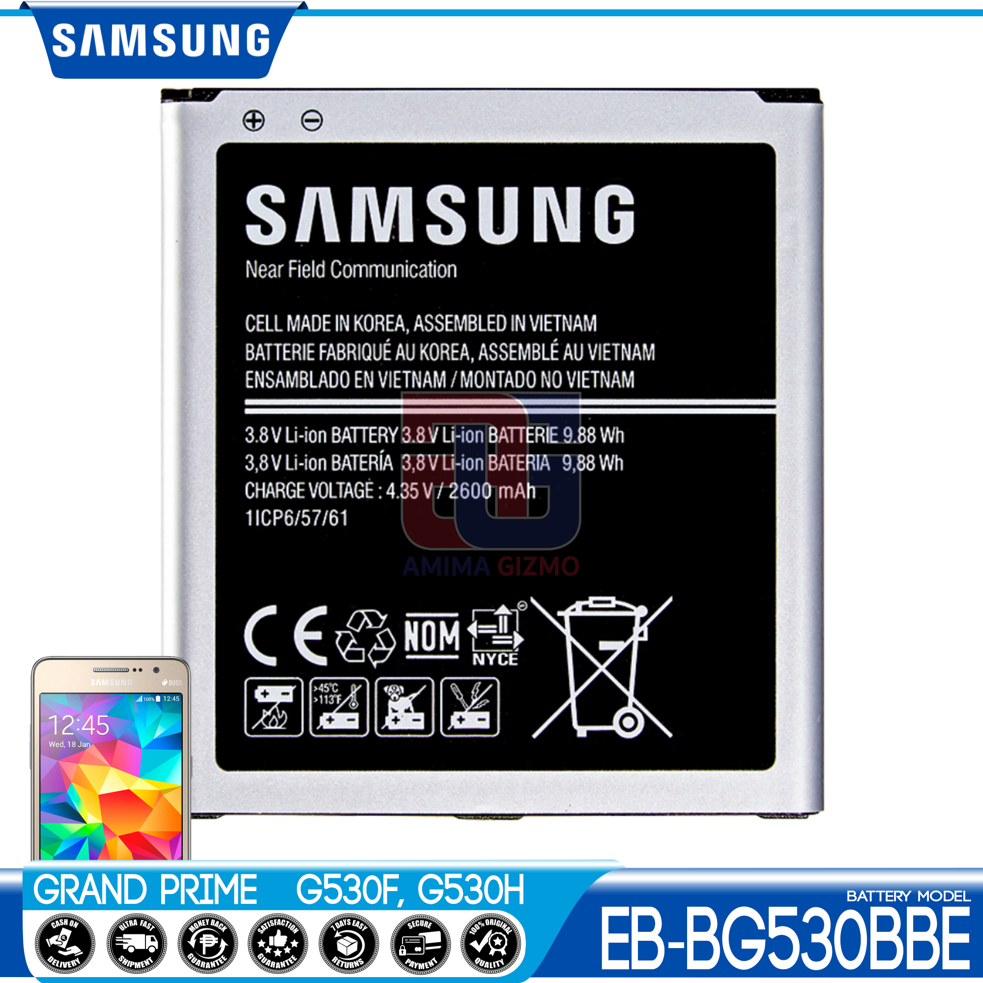 Samsung Galaxy Grand Prime Battery Original Quality and Capacity, Model  EB-BG530CBE Fit for Grand Prime J2 Prime J2 2016 J3 2016 J3 Pro J5 2015 On5  G530 Removable Replacement Li-Ion Batteries Support