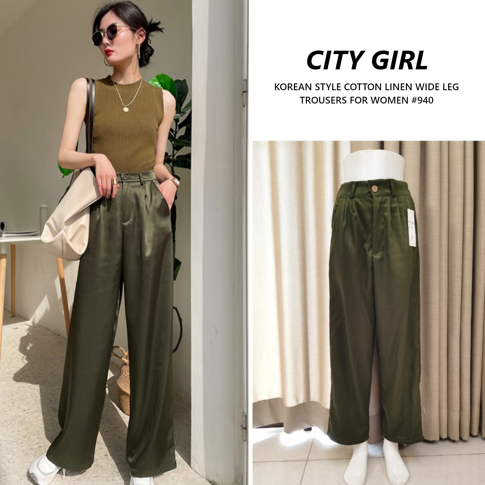 CITY GIRL Smooth texture high waist trousers drape loose and