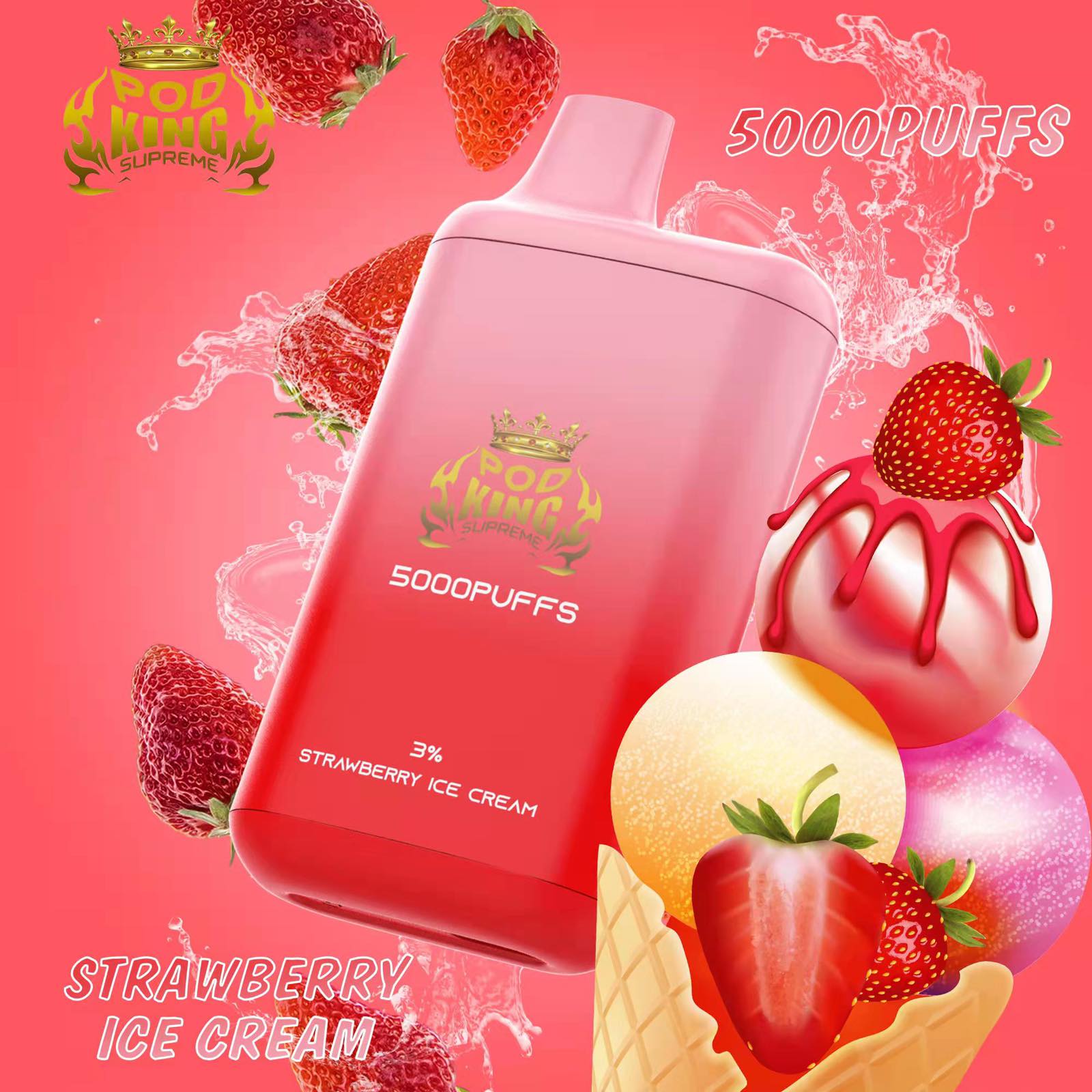 POD KING SUPREME Rechargeable Disposable PUFF PLUS ( STRAWBERRY ICE