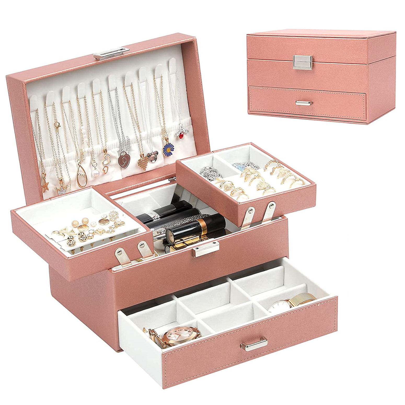European Large Jewelry Box Organizer PU Multifunction Necklace Watch Organizer Storage Box Leather Jewelry Box Storage Display Case
