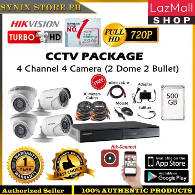 HIKVISION CCTV PACKAGE 4 channel digital video recorder DVR with 500gb HDD inside 4 camera 1MP ( 720P ) 30Meter siamese cable EASY SET UP ,. FREE HDMI Cable