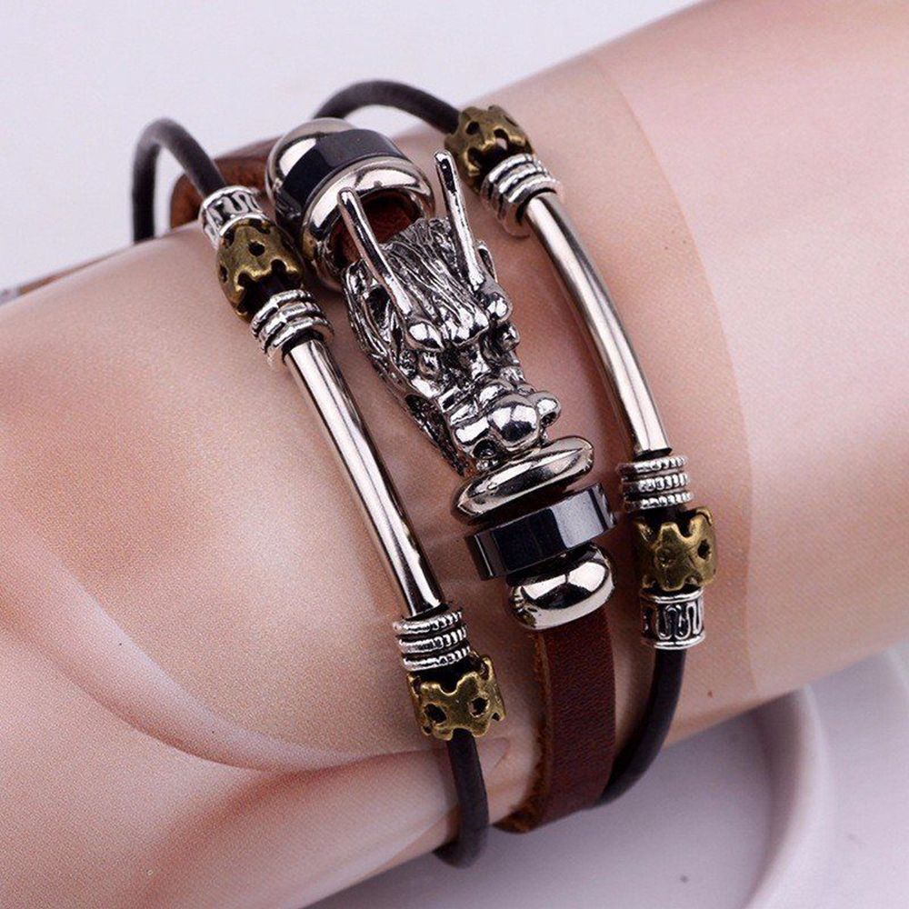 JING Fashion Alloy Tibetan Silver Multi-layers Dragon Bracelet Leather Bangle