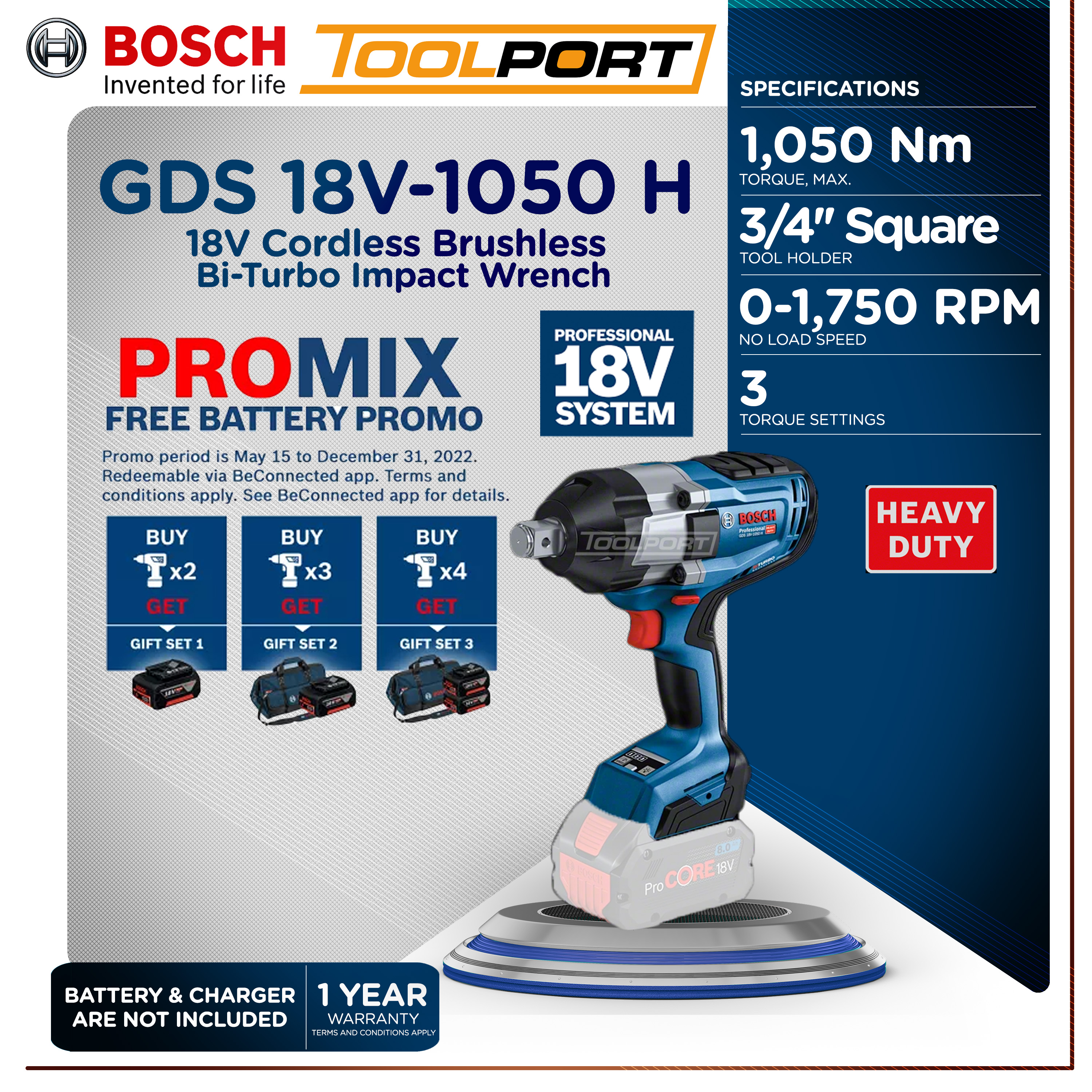 Bosch GDS 18V-1050 H Professional Cordless Brushless Bi-Turbo Impact Wrench  3/4 ( Baretool Only ) [ TOOLPORT ]