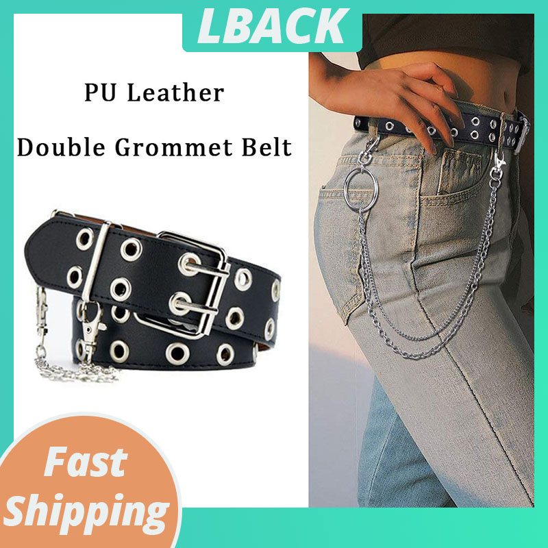Women Double Grommet Belt Fashion 2 Hole Wide Belt Waistband PU Leather  Punk
