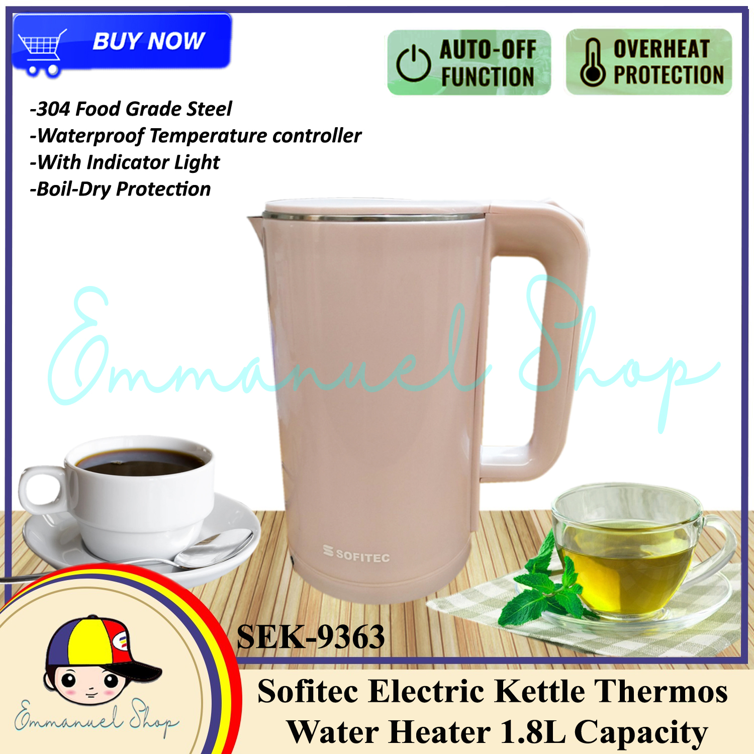 Electric Kettle Heavy Duty Thermos Water Heater 1.8L Capacity Sofitec