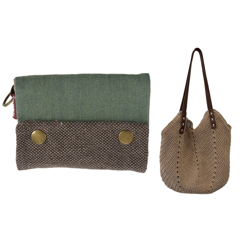 2PCS Unisex Men Women's Three Layer Folded Manual Canvas Wallet Bag Green with Fashion Popular Woven Bag Brown