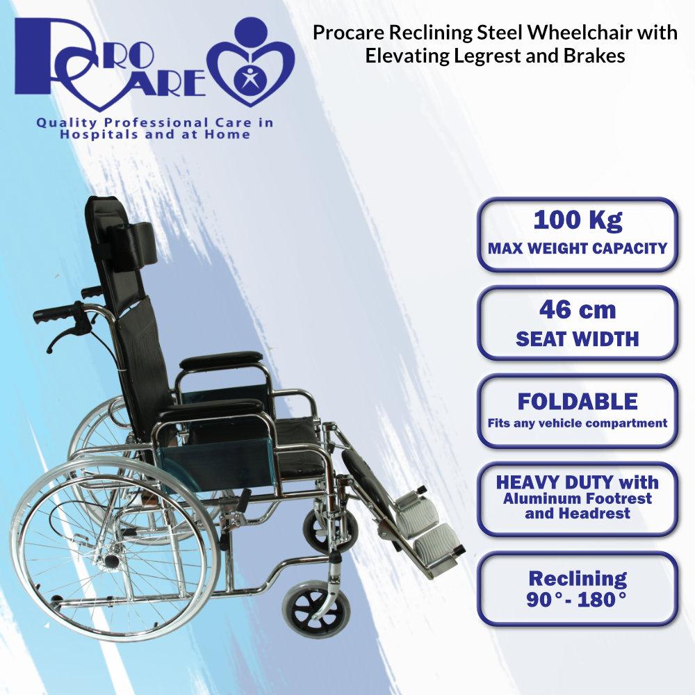 Procare Reclining Steel Wheelchair with Elevating Legrest and Break