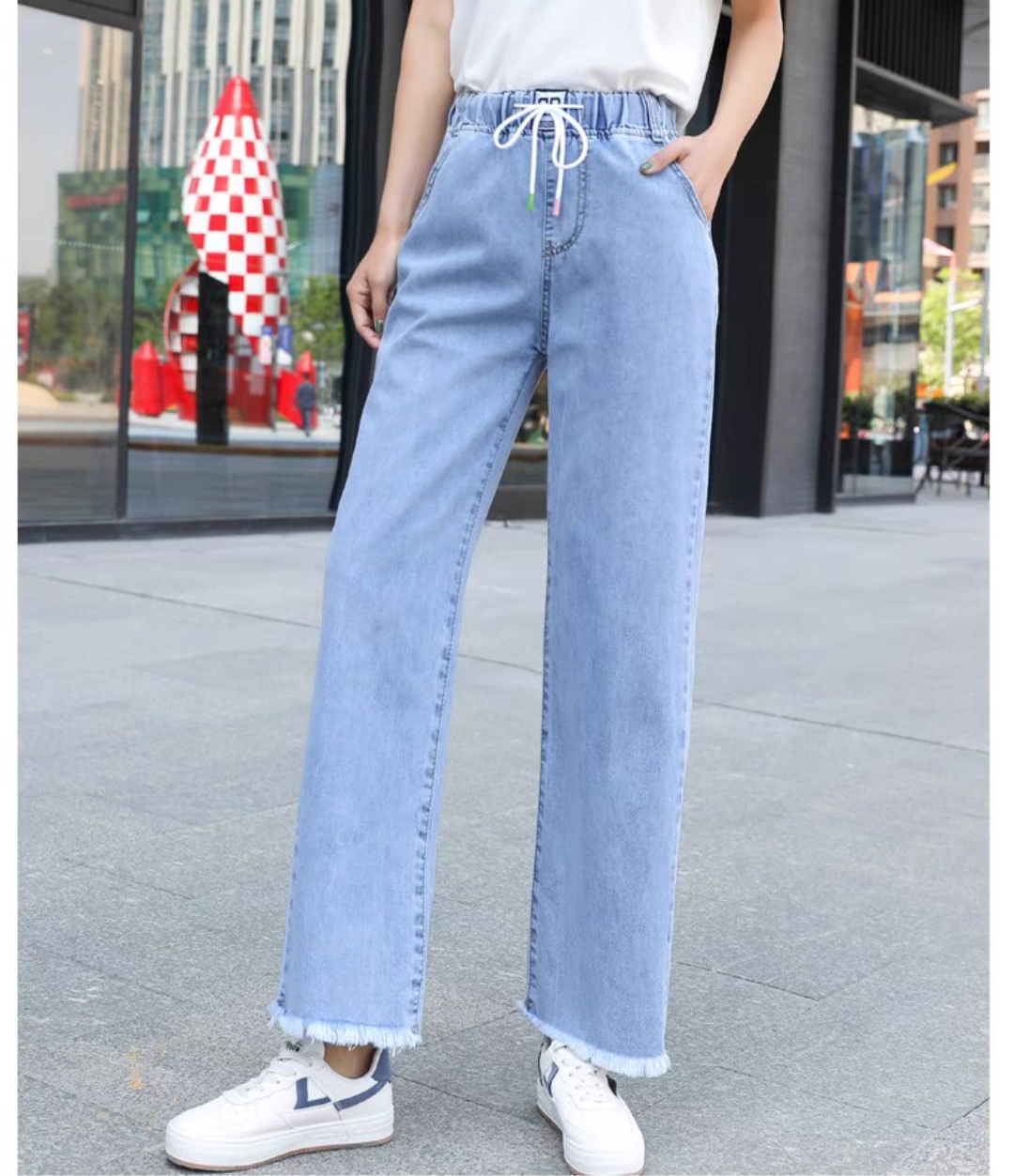 Women Korean High Waist Jeans Loose Wide Leg Straight Pants 25-32