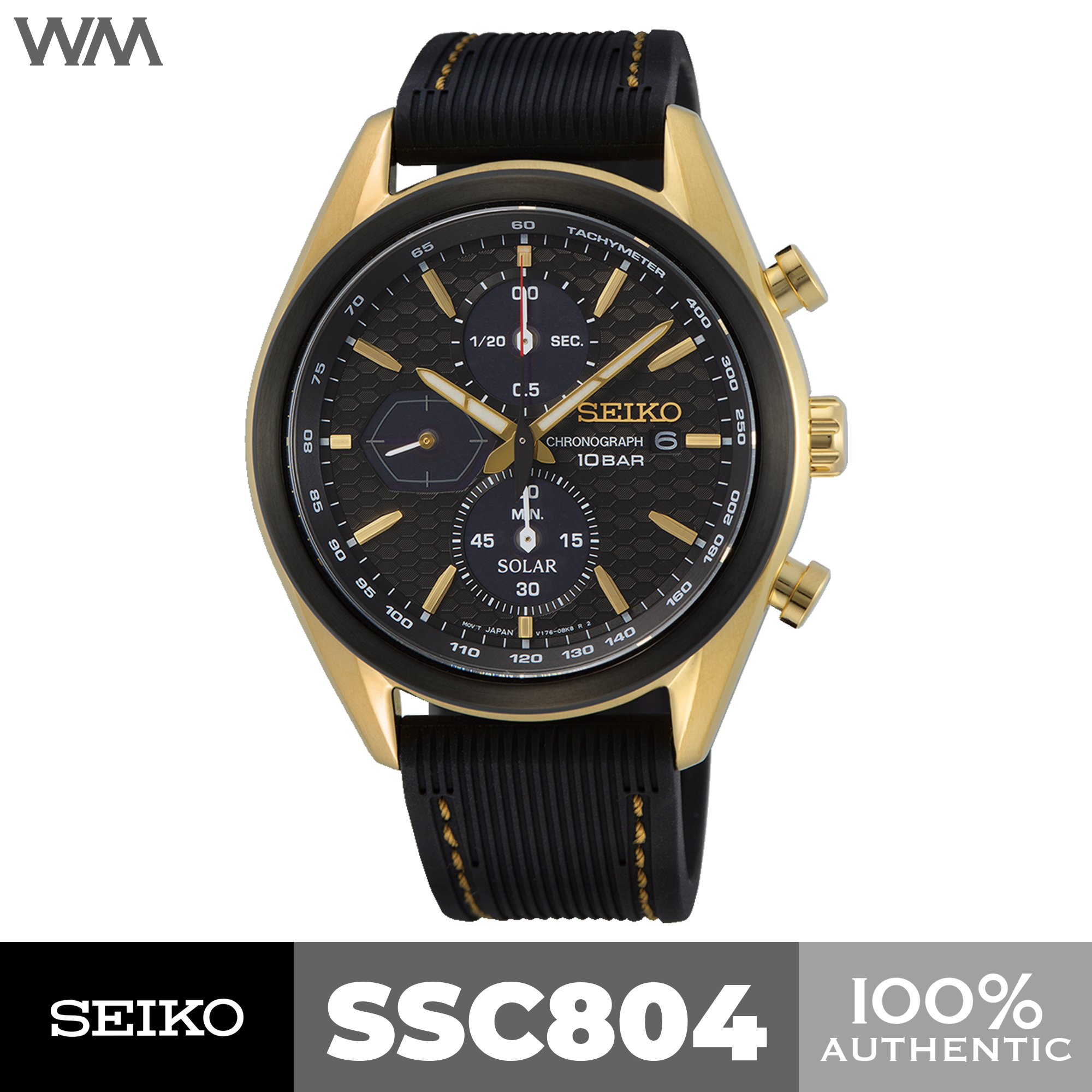 Seiko Solar Chronograph Black Dial Gold Accent Watch with Silicone