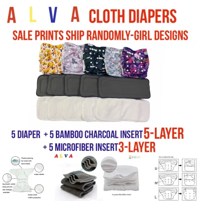 Alva BABY CLOTH Diaper WITH 3-LAYER MICROFIBER AND 5-LAYER BAMBOO Charcoal Insert (5 SETS) SALE PRINTS SHIP Random GIRL Designs Only