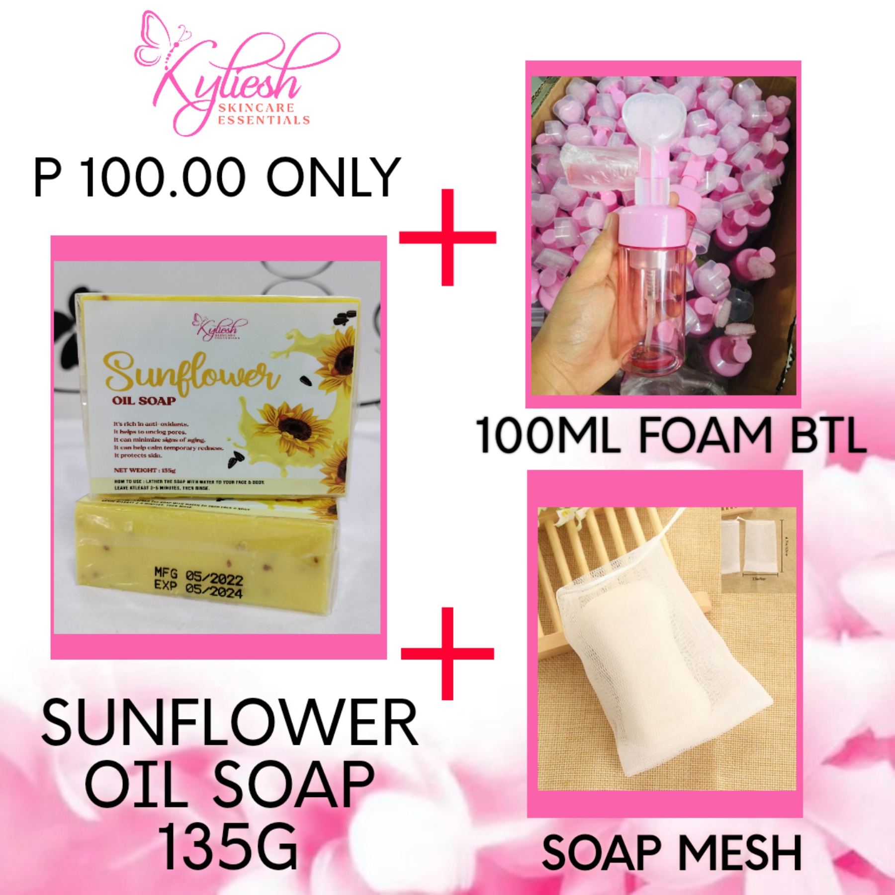 SUNFLOWER OIL SOAP 135G WITH FOAMING BOTTLE BRUSH 100ML PINK & SOAP MESH Lazada PH