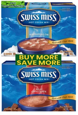 Swiss Miss Hot Cocoa Mix Box of 10 envelopes/10 servings available in Milk Chocolate (26 g x 10) and Marshmallow (28 g x 10)