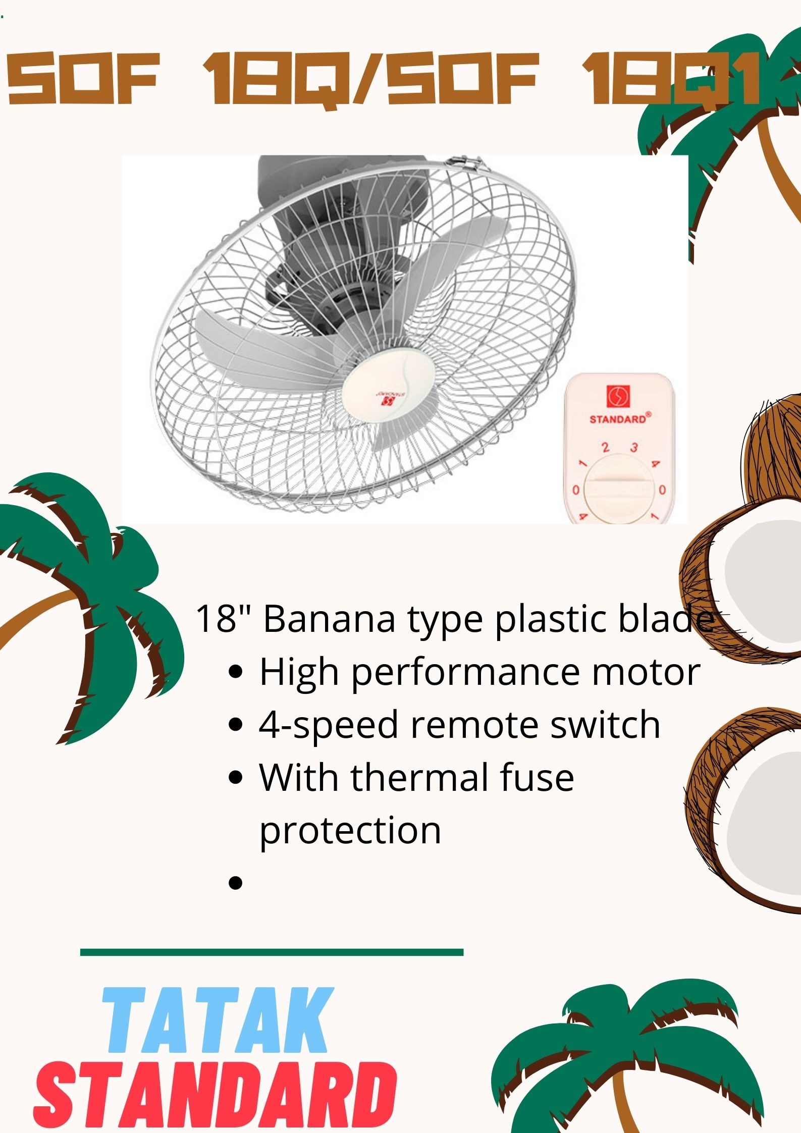 Standard Orbit Fan Ceiling 18" Inches Banana Type Plastic Blade SOF 18Q