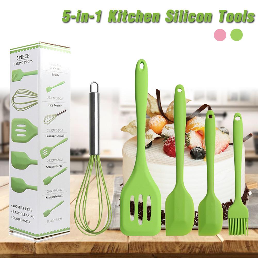 5 Pcs Silicone Kitchen Utensils Set, Cooking Utensils Set with Heat Resistant BPA-Free Silicone Handle Kitchen Tools Set (Pink), Size: 21*2.5~5.5cm/