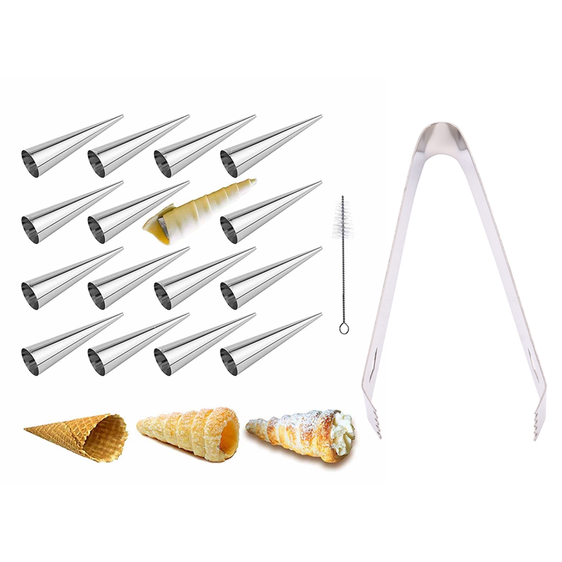 16 Pcs Cream Horn Molds 5-Inch Large Size Cream Horn Forms & 1 Pcs Reusable Stainless Steel Newness Ice Tongs Ice Clip