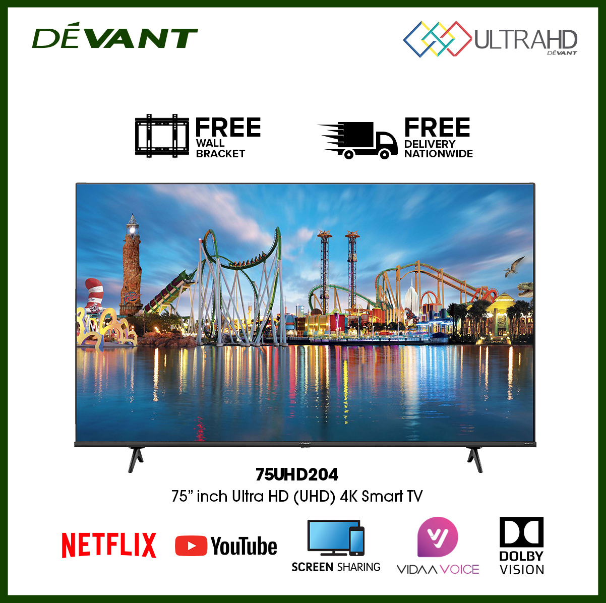 Devant 75 inch 4K UHD VIDAA TV, 75UHD204 Netflix, YouTube, Prime Video, HDR10+, VIDAA Voice