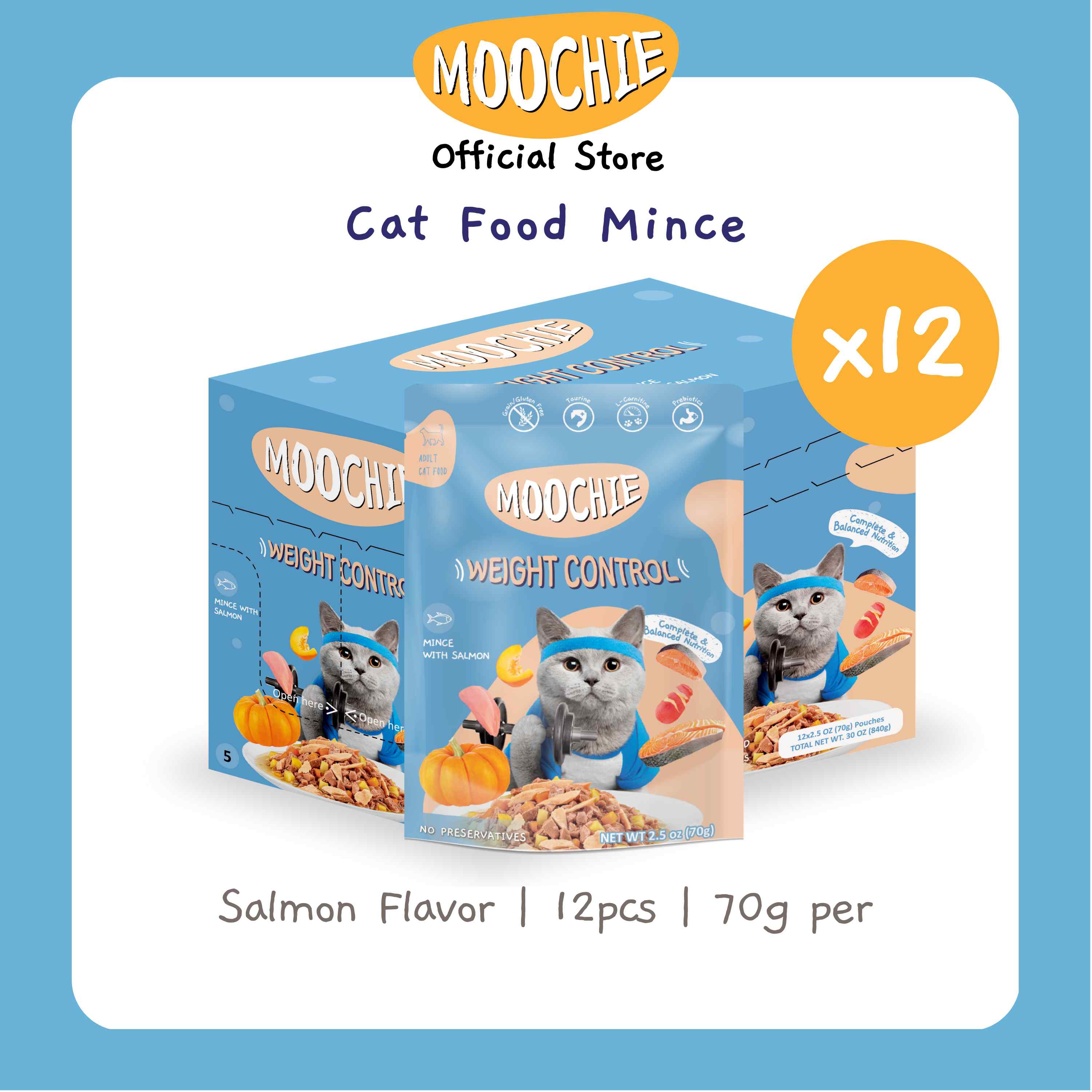 VALUE BOX Moochie Wet Cat Food Mince WEIGHT CONTROL Salmon Flavor 70g