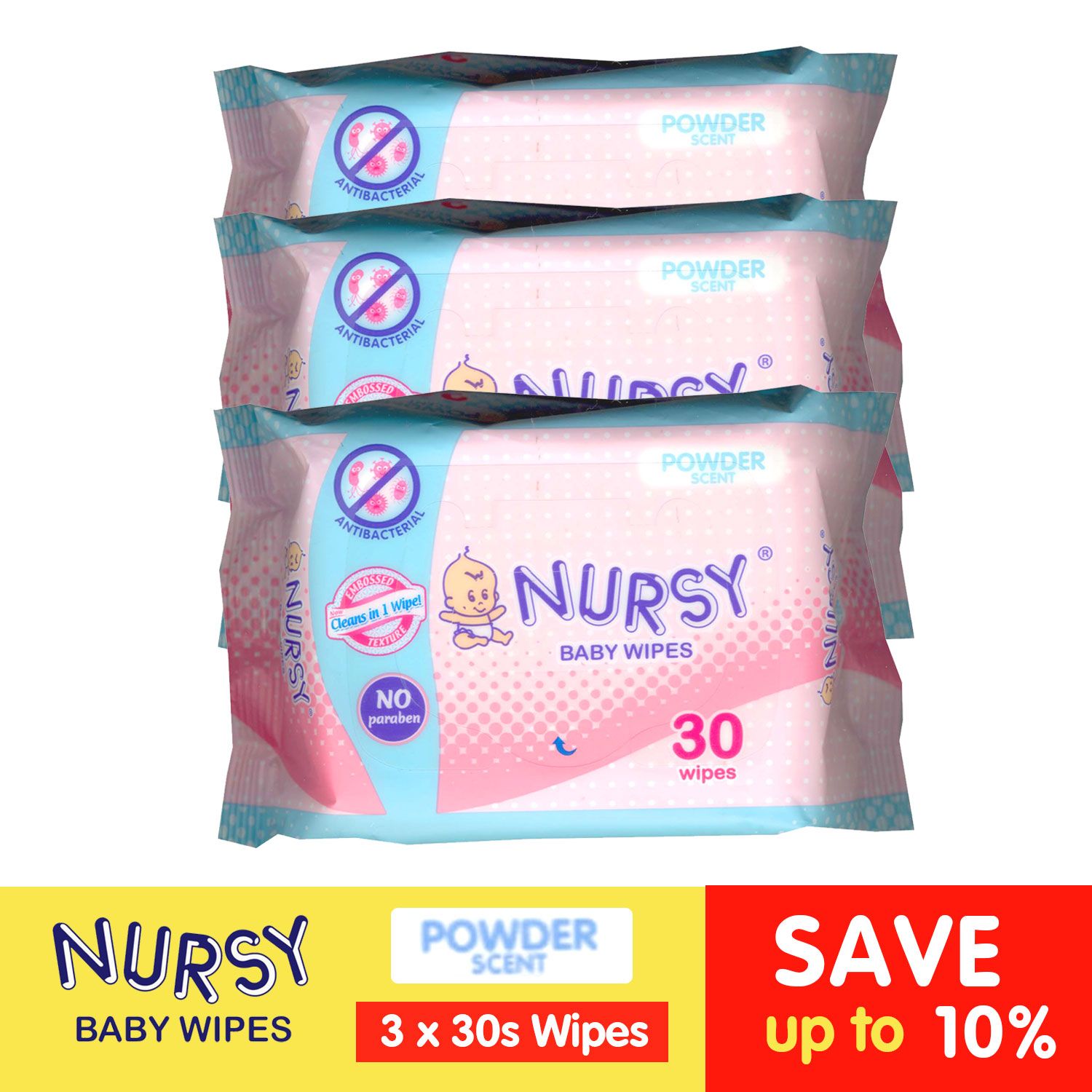 Nursy Baby Wipes Powder Scent 30s x (Save up to 10%) Water Wipes