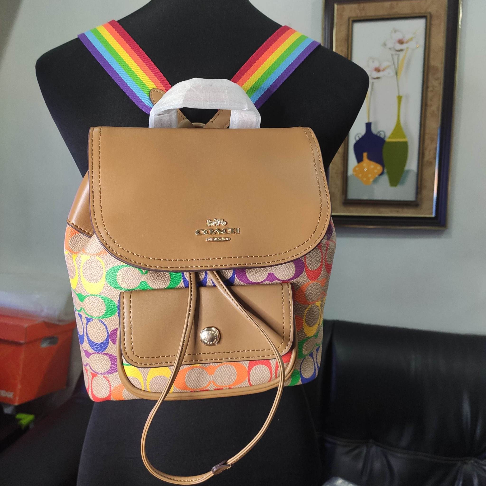 NWT Coach C4097 Pennie Backpack 22 in Rainbow Signature Canvas in Light  Saddle