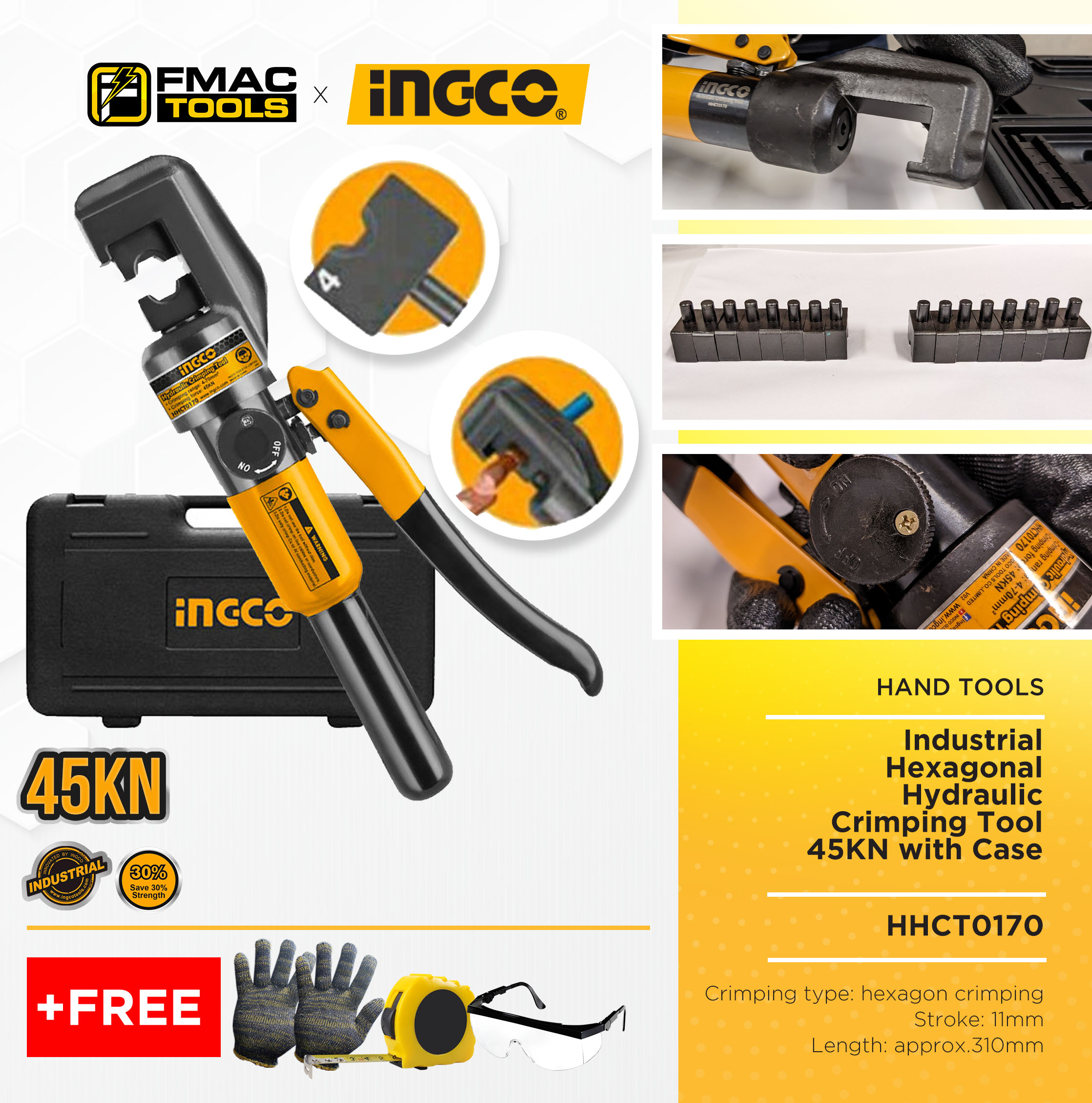INGCO Industrial Hexagonal Hydraulic Crimping Tool 45KN Cu 4mm 70mm2