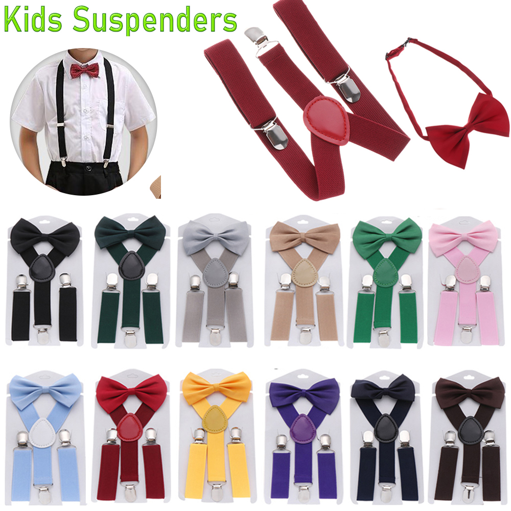QIZI9595 1ชุดใหม่แฟชั่นของขวัญผมโบว์ชุดสำหรับเด็กชุดเด็กสีทึบพิมพ์ Bow Tie เด็ก Suspenders ยืดหยุ่นวัว Tie เข็มขัด