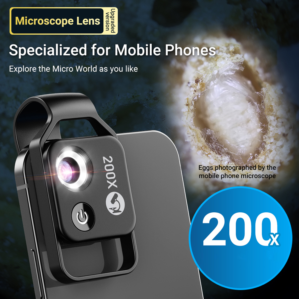 200X Portable Microscope Universal Mobilephone Microscope with 6 LED Lights 2 Level Brightness Adjustable No Need APP Multifunctional Microscope with CPL for Child Students Study Electronics Industry Testing