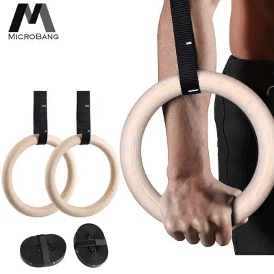 MicroBang Fitness Rings Indoor Gym Rings Birch Wood Gymnastic Rings Exercise Strength Training Rings with Adjustable Buckles Straps Cross Fitness