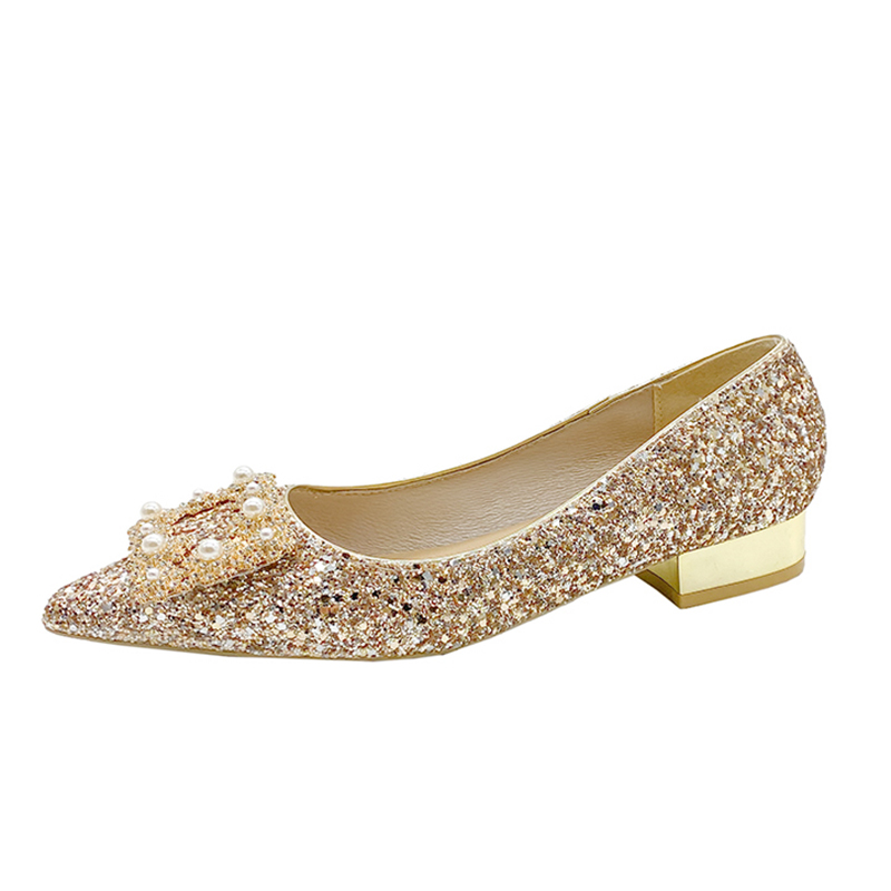 Plus Size 43 Gold Glitter Wedding Shoes Women 2023 New Pearl