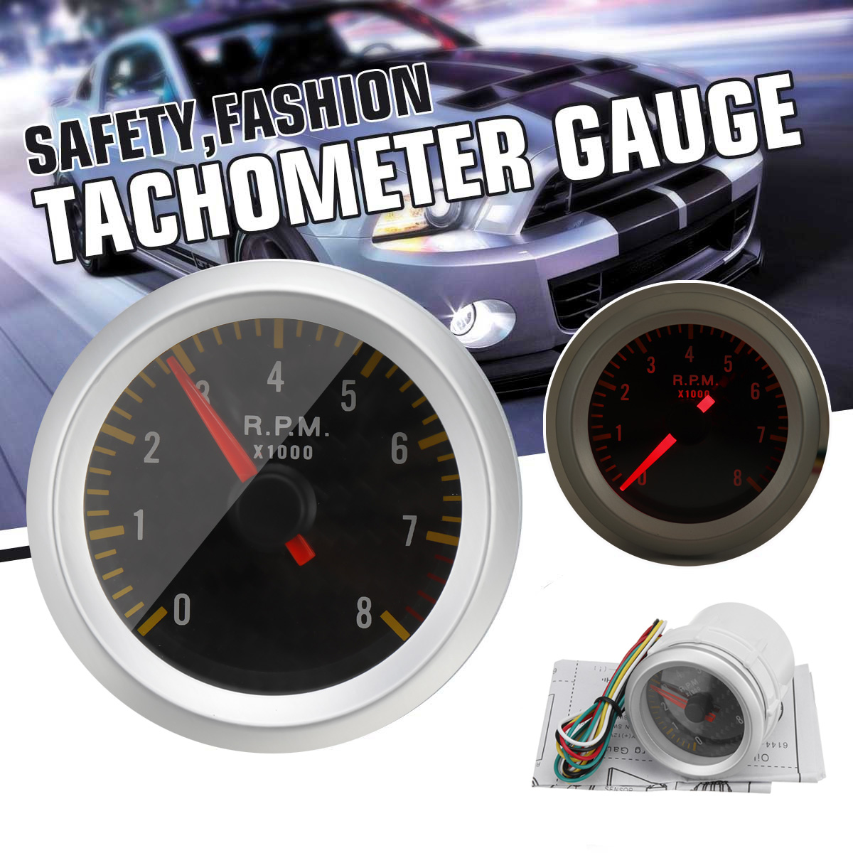52mm 0 8,000 RPM Rev Tacho Gauge Tachometer Carbon Fiber Face Yellow