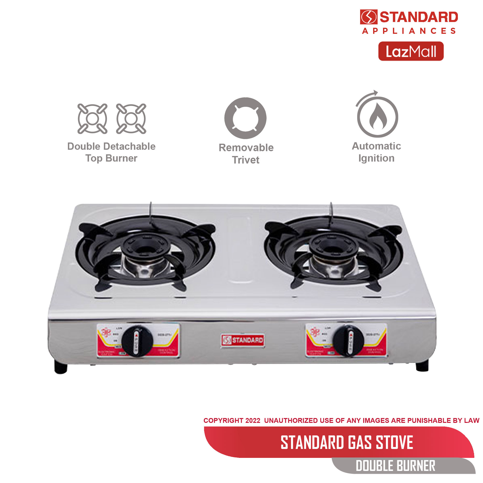 Standard Gas Stove Double Burner LPG Stove Stainless Steel (Slim Type