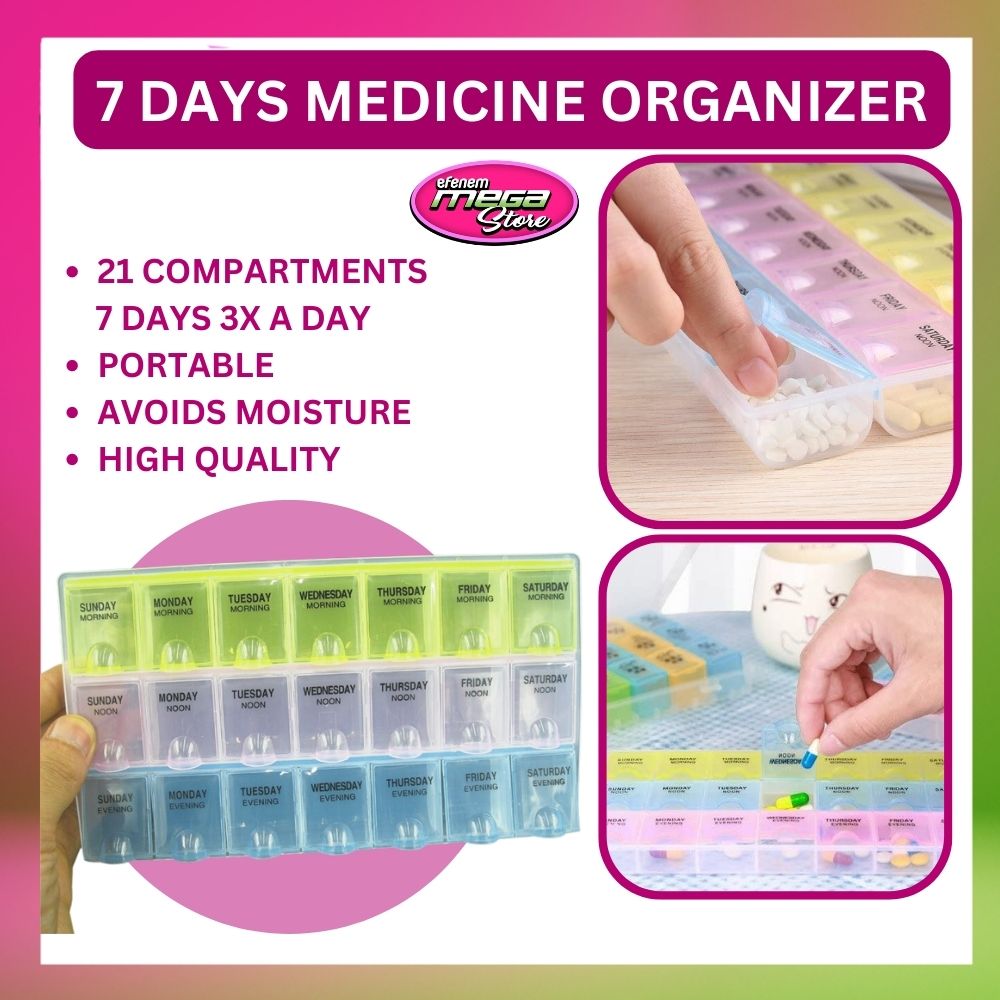 Efenem Mega Store l 7 Day Weekly Pill Organizer Box, 3x a Day Weekly Medicine Box, Medication