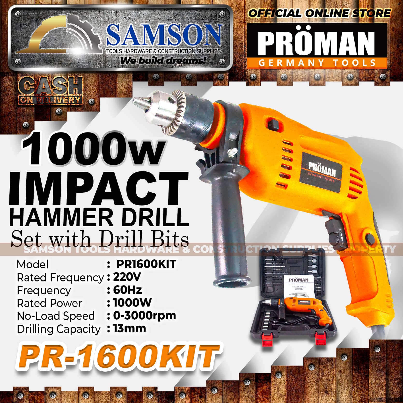 PROMAN Germany 1000W Variable Speed Impact Hammer Drill Set with Drill