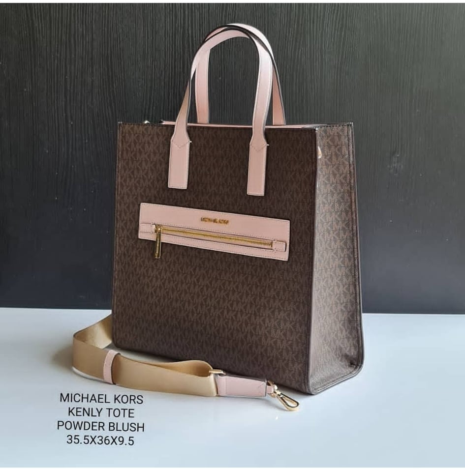 MIchael Kors Kenly Large North South Tote Bag in Vanilla Signature Coated  Canvas Monogram with Pink Smooth Leather Details - Women's Bag